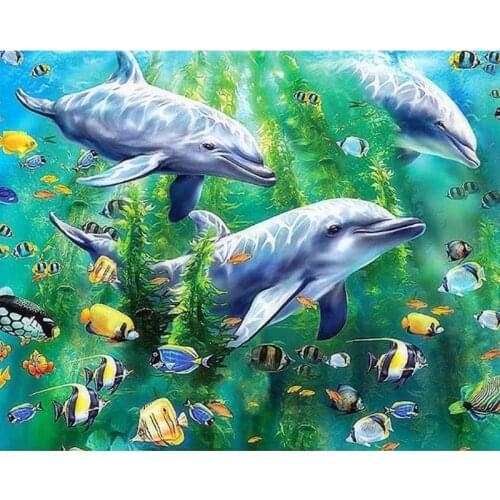 5D Diamond Embroidery Dolphins Animals Cross Stitch DIY Square Diamond Painting Full Diamond Scenery Rhinestones Home Decor Gift