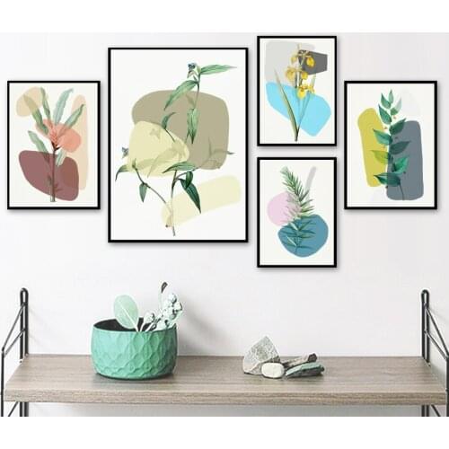 Abstract Geometry Block Green Plant Poster Wall Art Leaf Flower Canvas Painting Nordic Modular Pictures for Living Room
