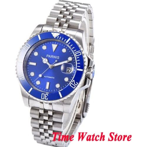 Parnis 40mm Miyota 8215 5ATM piolet automatic wrist watch men sapphire glass luminous waterproof date blue dial ceramic bezel