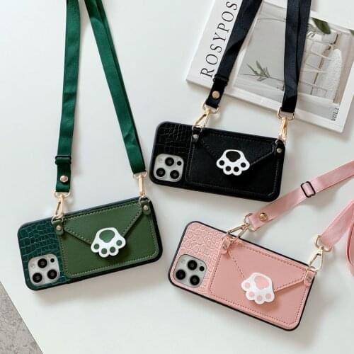 Cute Cat Crossbody Lanyard Strap Wallet Phone Case For iPhone 11 Pro Max 12 Pro Max XR X XS Max 7 8 Plus Crocodile Pattern Cover