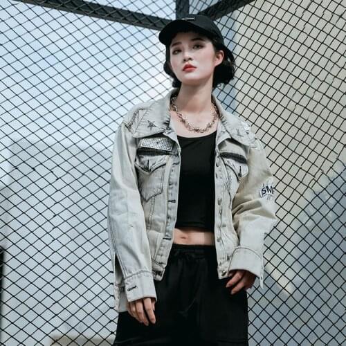 Spring and Autumn Women Grey Graffiti Denim Jacket High Waist Original Hand-painted Bear Jean Jackets and Coats