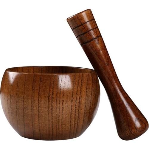 Wooden Grinder with Mortar Pestle Pill Portable Spice Herb Pesto Crusher Powder Bowl with Grip for Seasoning Paste Kitchen Tool
