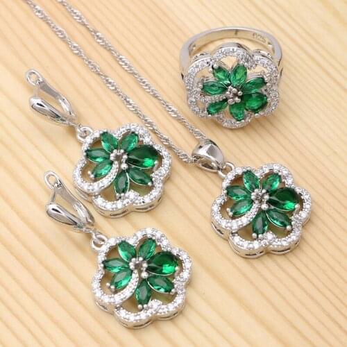 925 Silver Jewelry Sets Green Cubic Zirconia White Crystal Earring Pendant Necklace Ring Set For Women Wedding Accessories