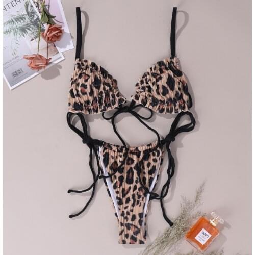 Two Piece Swimming Suit for Women Triangle Bikini Sexy Split Swimsuit Womens Leopard Lace Up Bikini