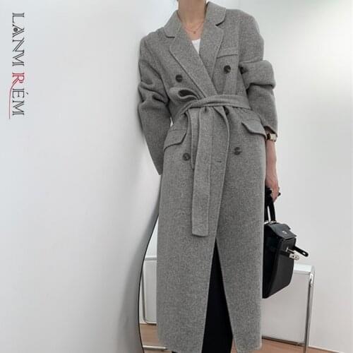 LANMREM 2021 Winter Women Coats Warm Wool Long Sleeve Trench Coat Streetwear Fashion Female Handmade Overcoats with Belt 2C2071
