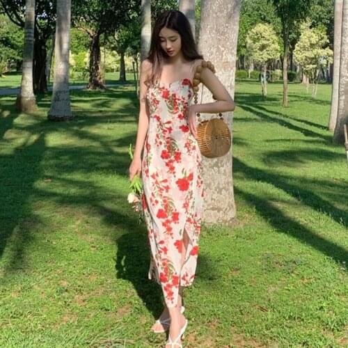 Summer Chic Women Sleeveless Floral Dress Korean Style V-neck Party Beach Dress for Females