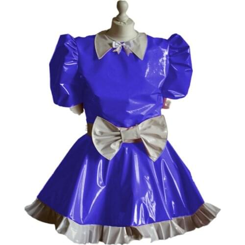 23 Colors Maid Cosplay Puff Short Sleeve Mini Dress Ladies Cute White Bowknot Decor Uniform PVC Patchwork A-line Pleated Dress