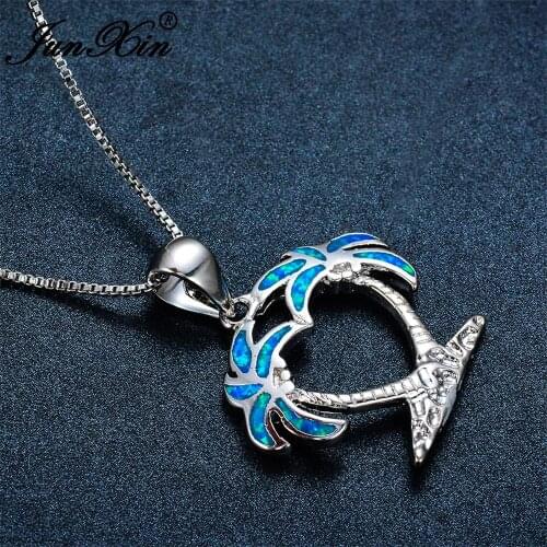 Cool Female Blue Opal Drop Necklace Dainty Double Coconut Tree Dangle Necklaces For Women Cute White Gold Wedding Necklace