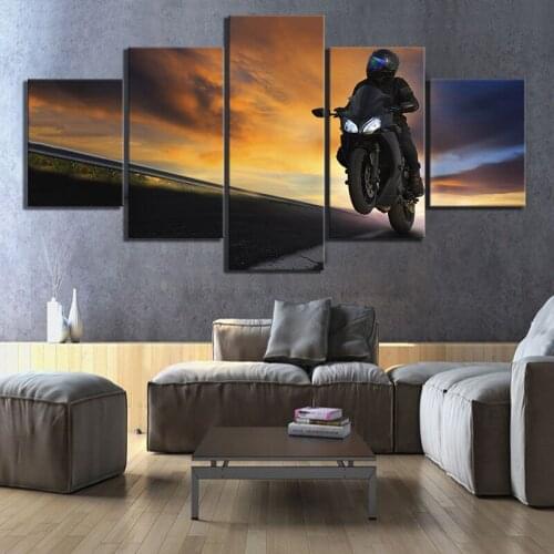 Home Decor Modular Poster Pictures Wall Art 5 Panel Motorcycle Road Sunset Nature Scenery Canvas Paintings Printed Living Room