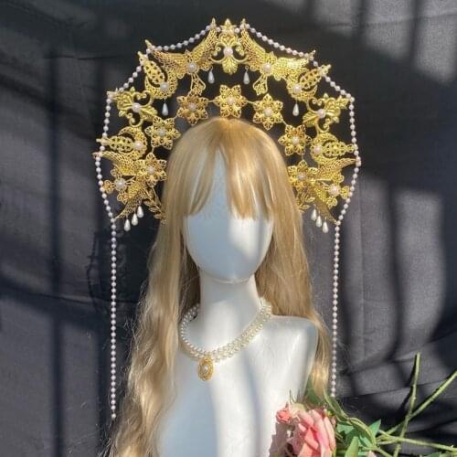 Lolita Sun Goddess Angel Halo Crown Necklace Headpiece Queen Anna Baroque Pearl Tiara Headband Gothic Accessories