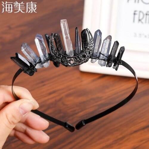 Haimeikang Natural Stone Quartz Hairbands Handmade Bridal Headpiece Rock Crystal Hair Retro Headband Black Moon Wedding Headwear
