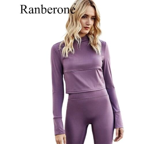 Ranberone Sports Yoga Top Woman Turtleneck Top Sweatshirt Long-Sleeved Fitness Gym Clothing Casual Slim T-shirt Sexy Sportswear