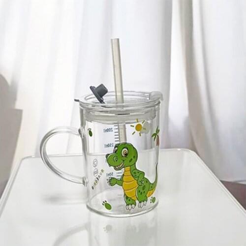 Cartoon Animal High Boron Glass Scale Water Cup Transparent Printing Handle Scale Coffee Milk Cups ChildrenS Straw Mug