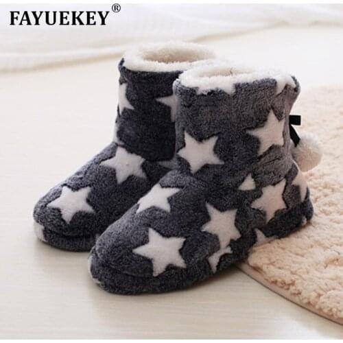FAYUEKEY New Winter Fashion Home Women Cotton Plush Stars Printed Thicken Warm Slipper Indoor Floor Female Flat Shoes
