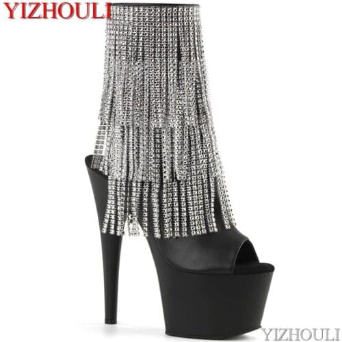 Party pole dancing 15cm ankle boots, sparkly fringed vamp with 6-inch road toe, sexy model, dancing shoes