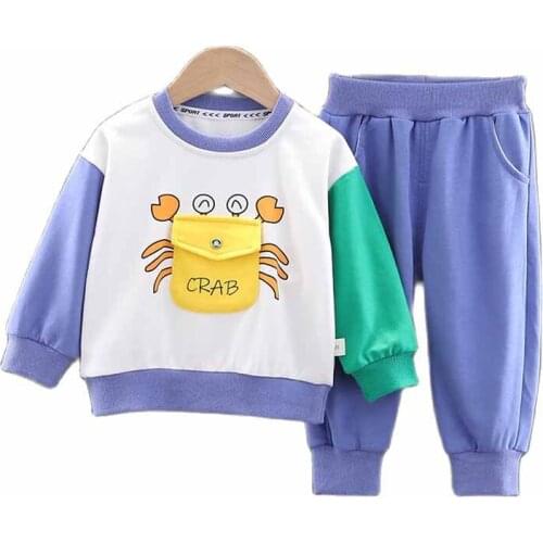 Spring Autumn Childrens Suit 2021 New Boys And Girls Cartoon Spliced Casual Tops Elastic Waist Trousers Two-Piece Set 0-4Y