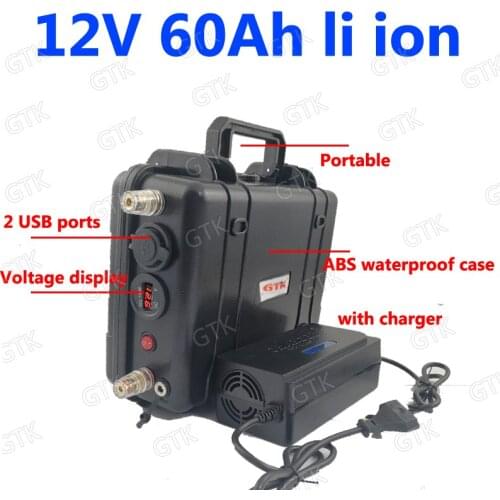 Waterproof 12v 60ah lithium ion rechargeable battery 12v li ion baterias 18650 USB port Portable power supply Solar + 5A charge