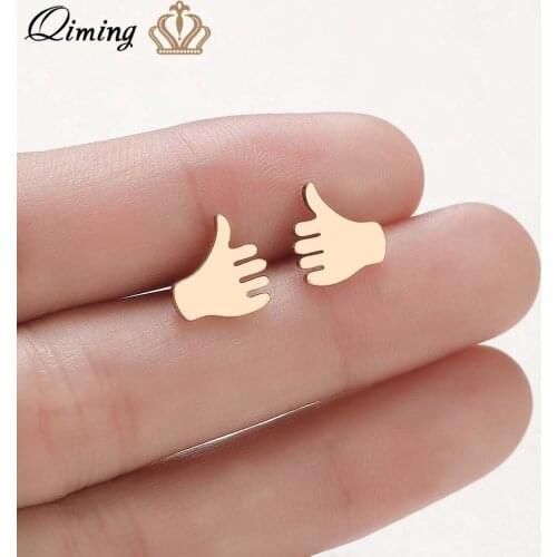 QIMING Good Thumb Up Gold Women Earrings Birthday Gift Cheerful Encourage Hand Cute Stud Earrings Earring Tiny Jewelry