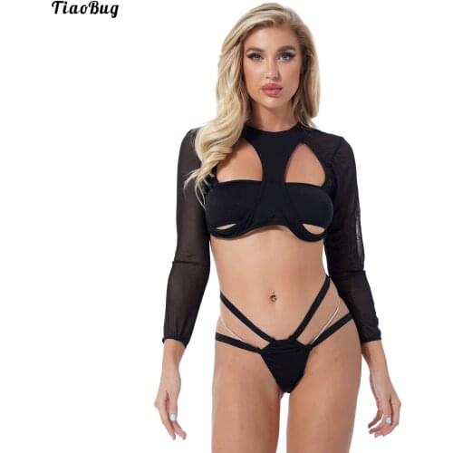 TiaoBug Women See-Through Mesh Swimming Suit Swimwear O Neck Long Sleeve Cutout Crop Top With Thongs Bikini Bottom