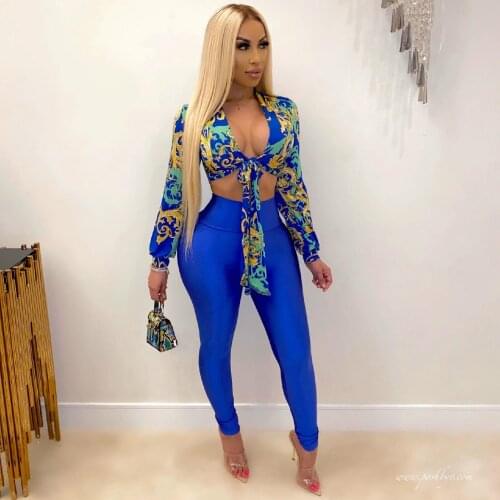 HAOOHU 2020 Women Two Pieces Sets Summer Tracksuits Full Sleeve V-Neck Tops+Pants Suit Sporty Fitness Print Outfits 2 Pcs Street