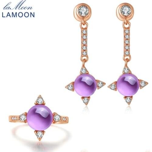 LAMOON Cross star 2.2ct Natrual Amethyst 925 sterling-silver-jewelry Jewelry Set Earring Ring S925 For Women V009-4