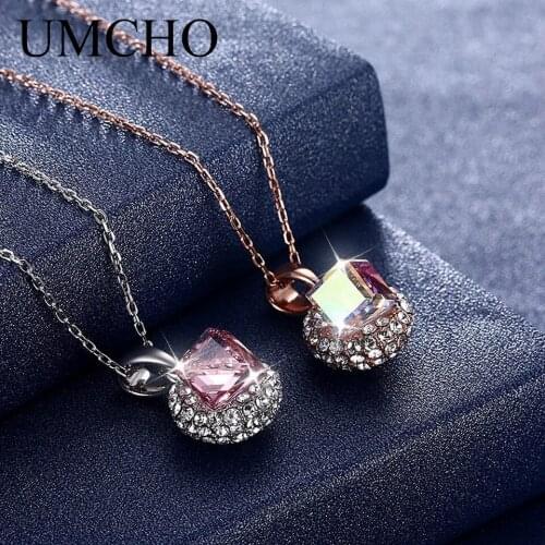 UMCHO Pink Solid 925 Sterling Silver Crystal Pendants Necklace With Chain For Women Girl Wedding Engagement Party Fine Jewelry