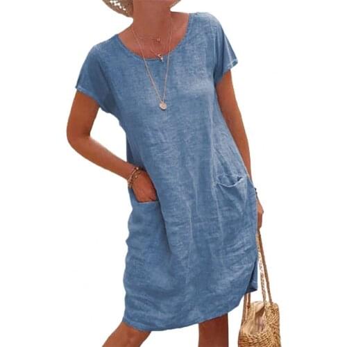 2021 Women Dress Solid Color Loose Summer Short Sleeve Round Neck Dress Vintage Casual women Dresses for Daily Wear