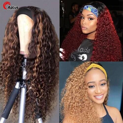 1B/Burgundy Afro Curly Headband Wig Ombre 99J Blonde Highlight Headband Wigs Brazilian Deep Curly Ponytail Human Hair Scarf Wig