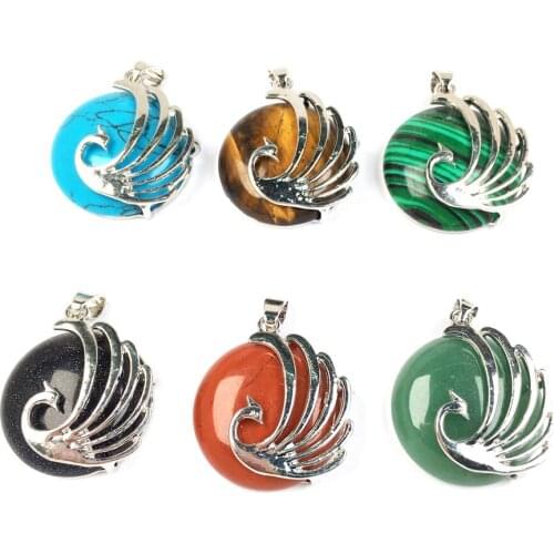 2020 Natural Stones Round Pendant Plated Phoenix Surround Pendants For Jewelry Making DIY Reiki Necklaces Accessories