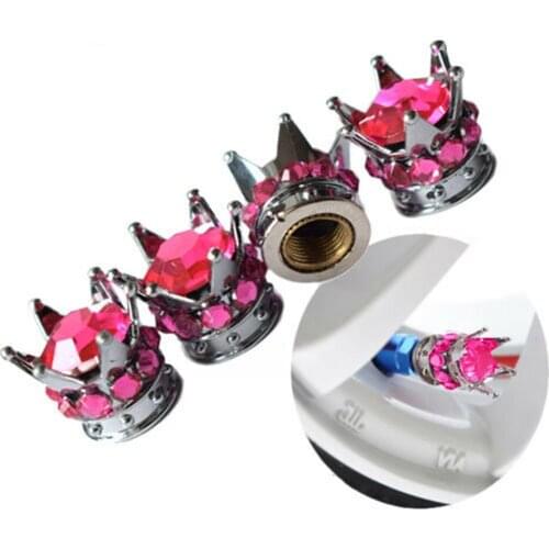 Dark Pink+silver 4 Set Silver Crown Dark Pink Diamond Stone Car Tire Tyre Valve Dust Cap Covers