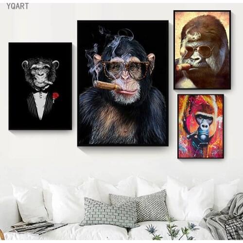 Abstract Smoking Monkey Oil Paintings Print on Canvas Gentle Orangutan Wall Art Posters for Modern Home Living Room Cuadros