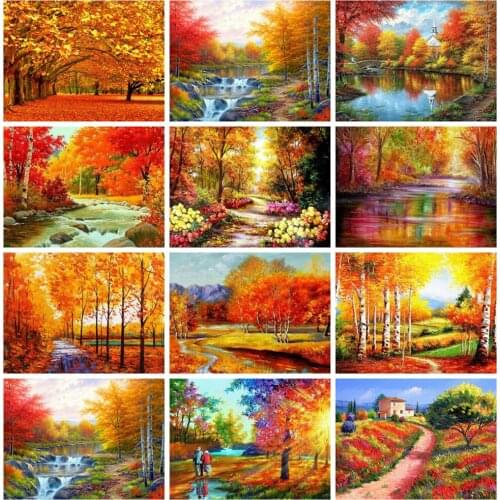Huacan Diamond Painting Autumn Landscape Cross Stitch Diamond Embroidery Forest Maple Home Decor Handmade Gift