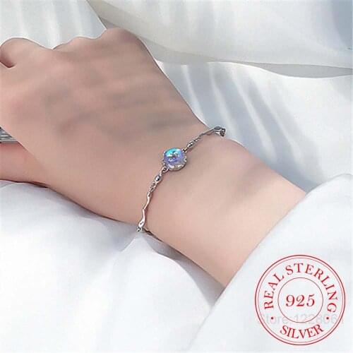 Real 925 Sterling Silver Crystal Round Bead Charm Bracelet & Bangles Link Chain Adjustable Braclets For Women Wedding Jewelry