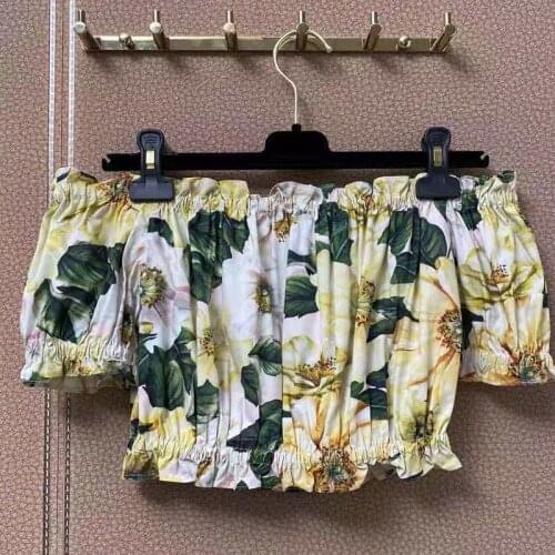 Cotton Pieces Beach 2 Sets 2021 Summer Runway Fashion Elastic Top+Ruffles Short Skirts Sexy Flower Print Set