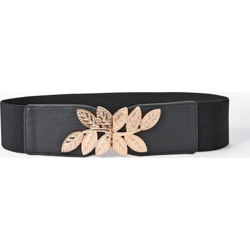 Elastic Pu Leather Designer Wide Corset Strap Belts for Women Girl Waist Cummerbund GirdleTie Gold Metal Leaves Buckle Bands