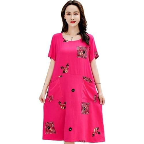 Summer WomensCotton And Linen Embroidered Dress O-Neck Short-Sleeved Middle-Aged Mothers Mid-Length Loose Thin Large Skirt