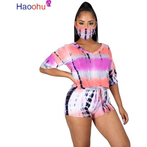 HAOOHU Summer Women Tie Dye Striped Two Piece Sets Tracksuits V-neck Tee Tops Shorts Suit Sporty Fitness Night Club 2Pcs Outfit