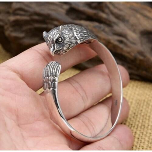 Solid 925 Sterling Silver owl Men Women Retro Cuff Bangle Bracelet gift jewelry A2390