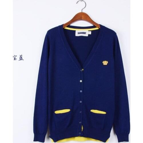Fashion Spring autumn women soft high-quality cotton Crown badge hem contrast color coat long sleeve girls knit cardigan