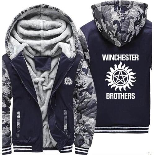 Supernatural winchester brothers Camouflage Hoodies Mens Winter High Quality Warm Thicken Fleece Sweatshirt Coat Hoody Male