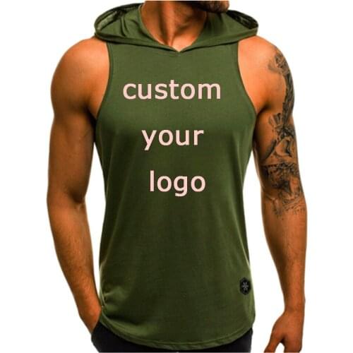 Men Custom Logo Fashion Summer Sleeveless Hoodie T-Shirts Muscle Sweatshirt Cool Hoody Tops Gym Sport Slim Fitness Hooded Sports