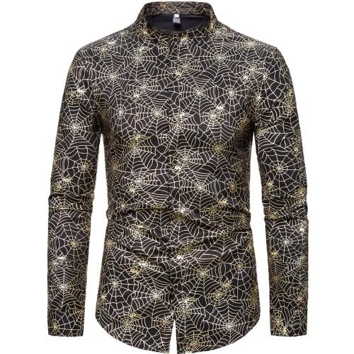 Mens Spider Web Print Dress Shirts 2020 Fashion Stand Collar Long Sleeve Shirt Men Wedding Party Club Prom Shirt Male Chemise