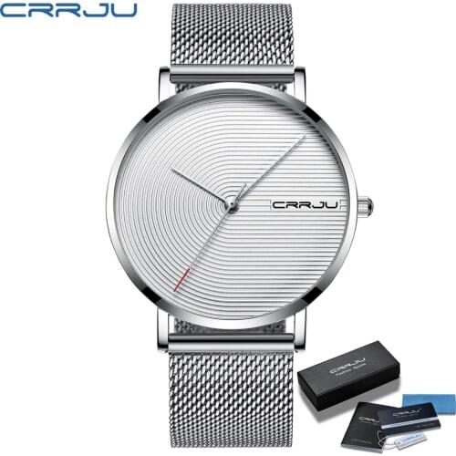 Men Watch CRRJU Luxury Fashion Ultra-thin Mesh Strap Watch Casual Silple Waterproof White Men Quartz Wristwatch Gift for Men