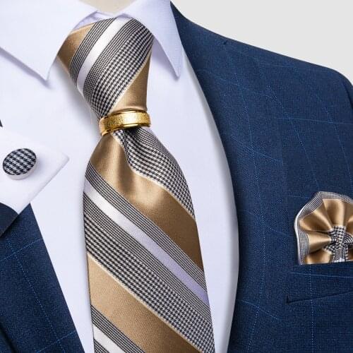 Champagne Gold Striped Tie For Men Business Formal Wedding Neck Tie Set Pocket Square Cufflinks With Tie Ring Mens Gift DiBanGu