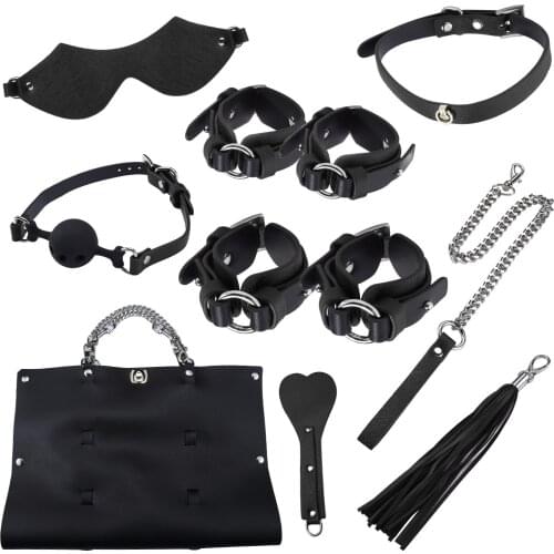 8 PCS/lot Bondage Restraints Kit with Storage Bag Gag Paddle Hand Cuffs Collar Leash Eye Mask Whip Bondage Set Sex Games Bdsm