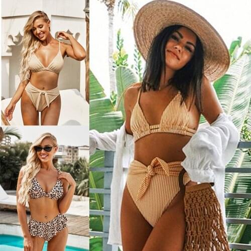 New Summer Split Swimsuit High Waist Beige Striped Bikini European and American Leopard Print High Waist Swimsuit