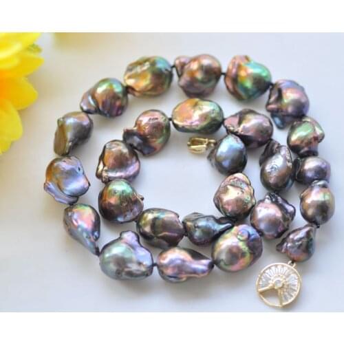 P7188 17" 18mm Peacock-Black Baroque Keshi Reborn Pearl choker Necklace CZ