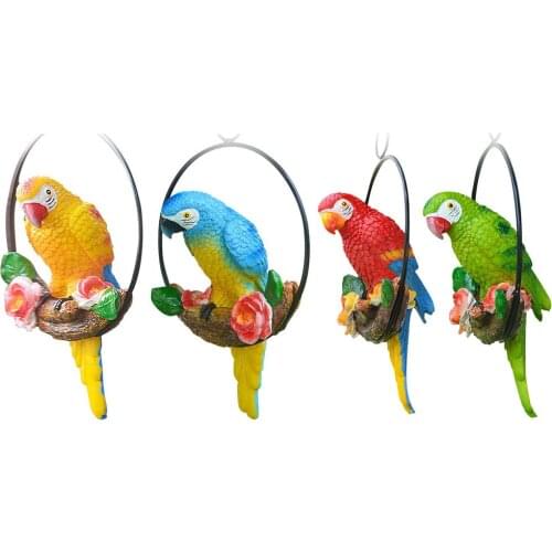 Hanging Parrot Statue Perch On Metal Ring Birds Model Lawn Ornament Iron Ring Small Parrot Garden Tree Pendant Resin Crafts