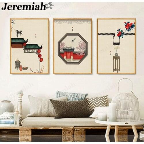 Chinese Traditional Style Canvas Poster Window Roof Painting Retro Style Wall Art Room Home Decoration Frameless