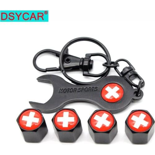 DSYCAR 5Pcs/Set Switzerland Flag Style Anti-theft Emblem Auto Car Wheel Tire Air Valve Caps With Wrench Keychain Zinc Alloy